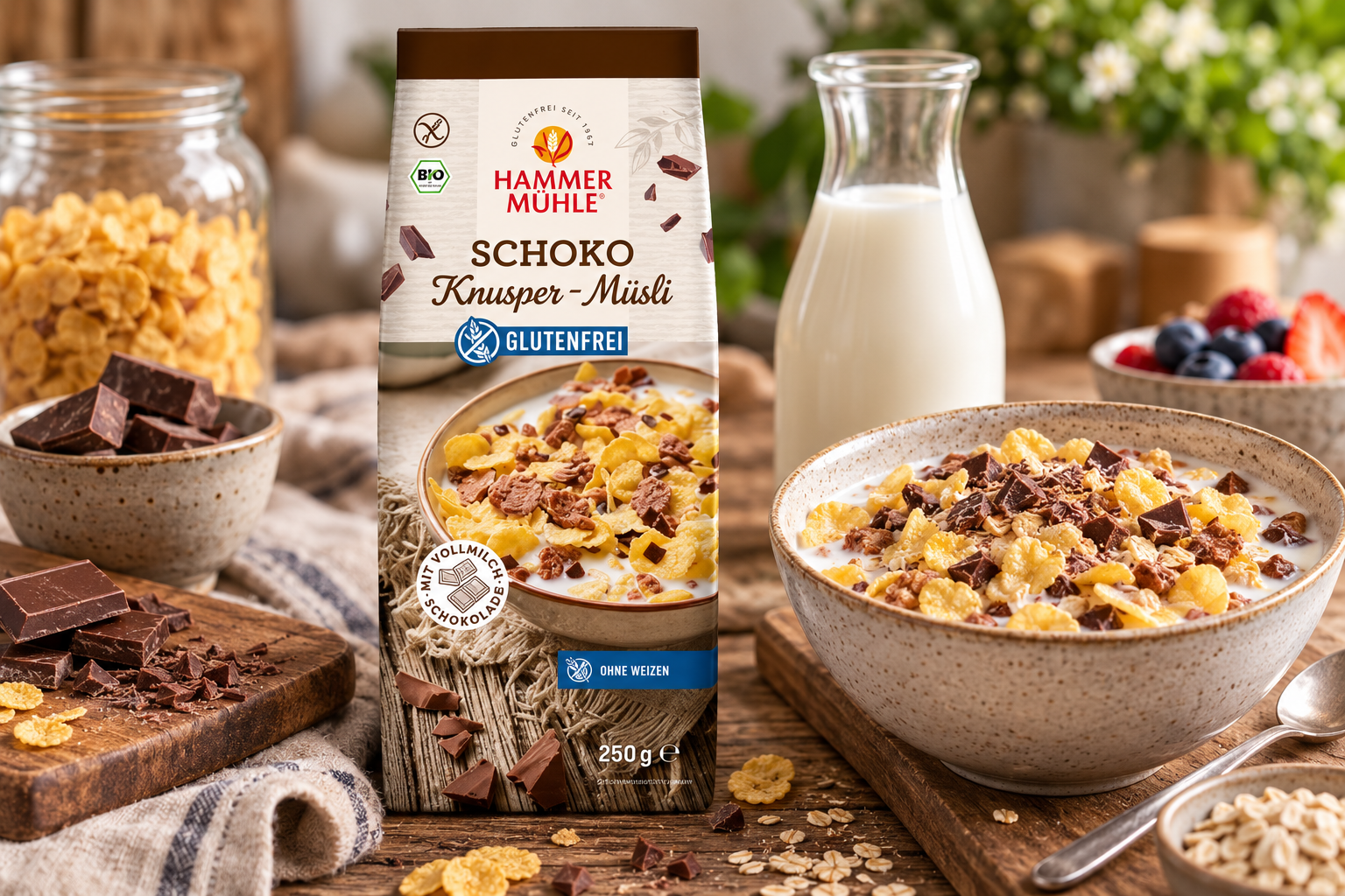 Bezlepkové křupavé čokoládové MÜSLI BIO 250 g - Hammermühle